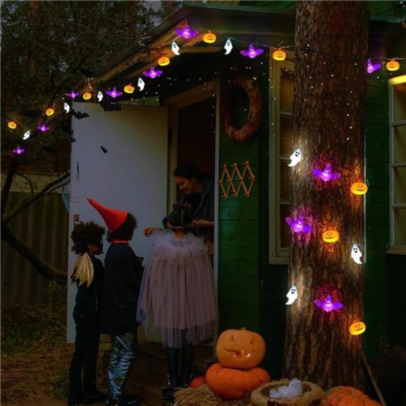 16.4FT 30 LED Pumpkin Bat Ghost Orange and Purple String...